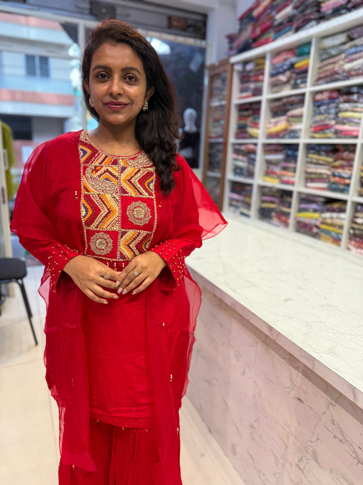 Red Hand Embroidery Dola Silk Kurti With Sharara Pant with Shrug-HSC189