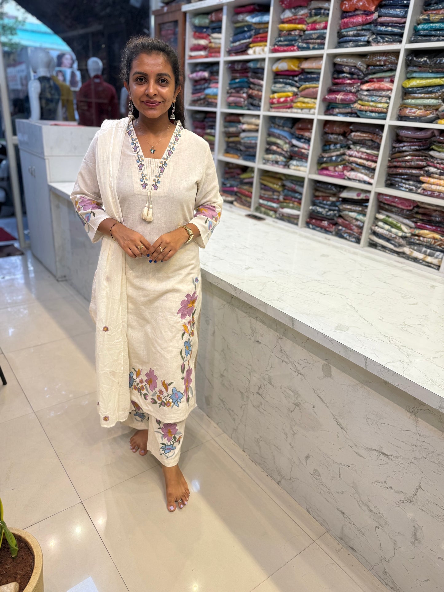 Half white Cotton Flex Embroidery Kurti With Pant and Dupatta