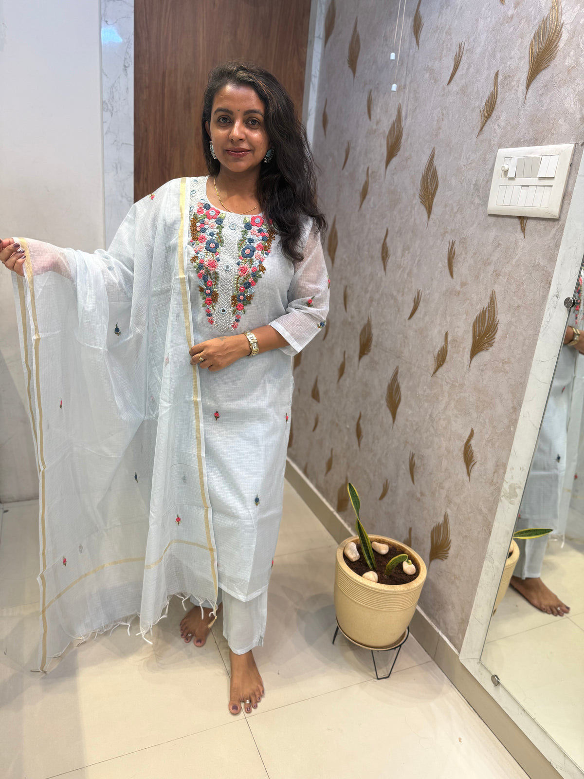 Sky Blue Pure Linen Thread Embroidery Kurti With Pant and Dupatta -HSC1221