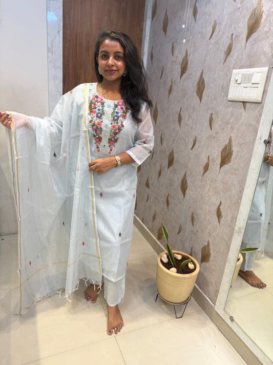 Sky Blue Pure Linen Thread Embroidery Kurti With Pant and Dupatta -HSC1221