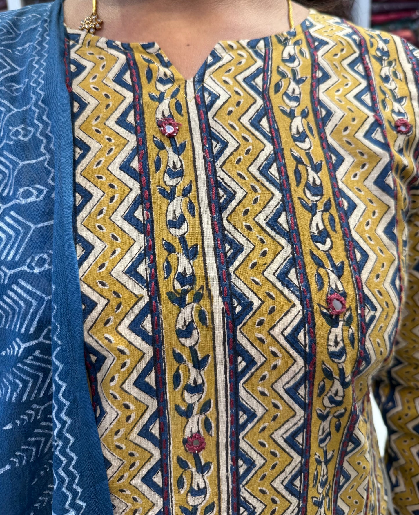 Mustard with Blue Block Printed Pure Cotton Kurti With Pant and Dupatta-HSC91