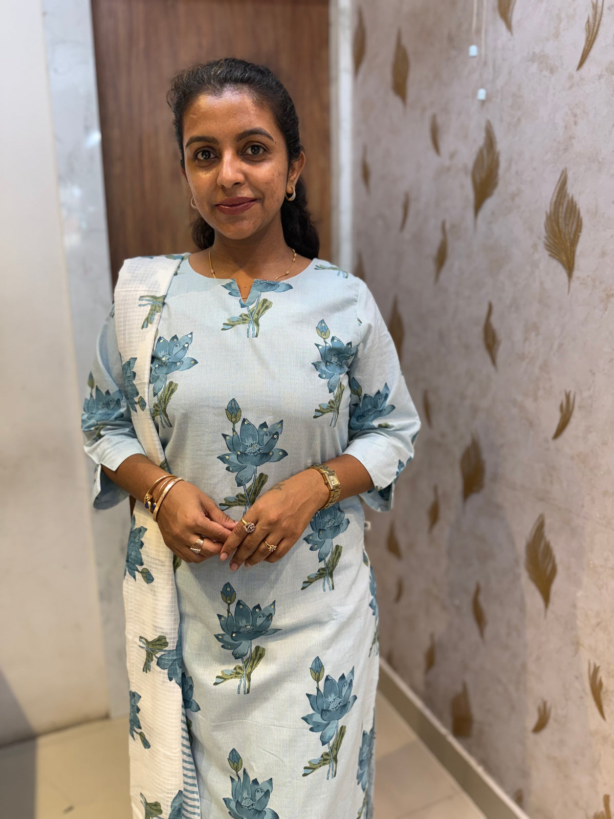 Stripes Floral Printed Pure Cotton Kurti  With Pant and Dupatta - HSC1174