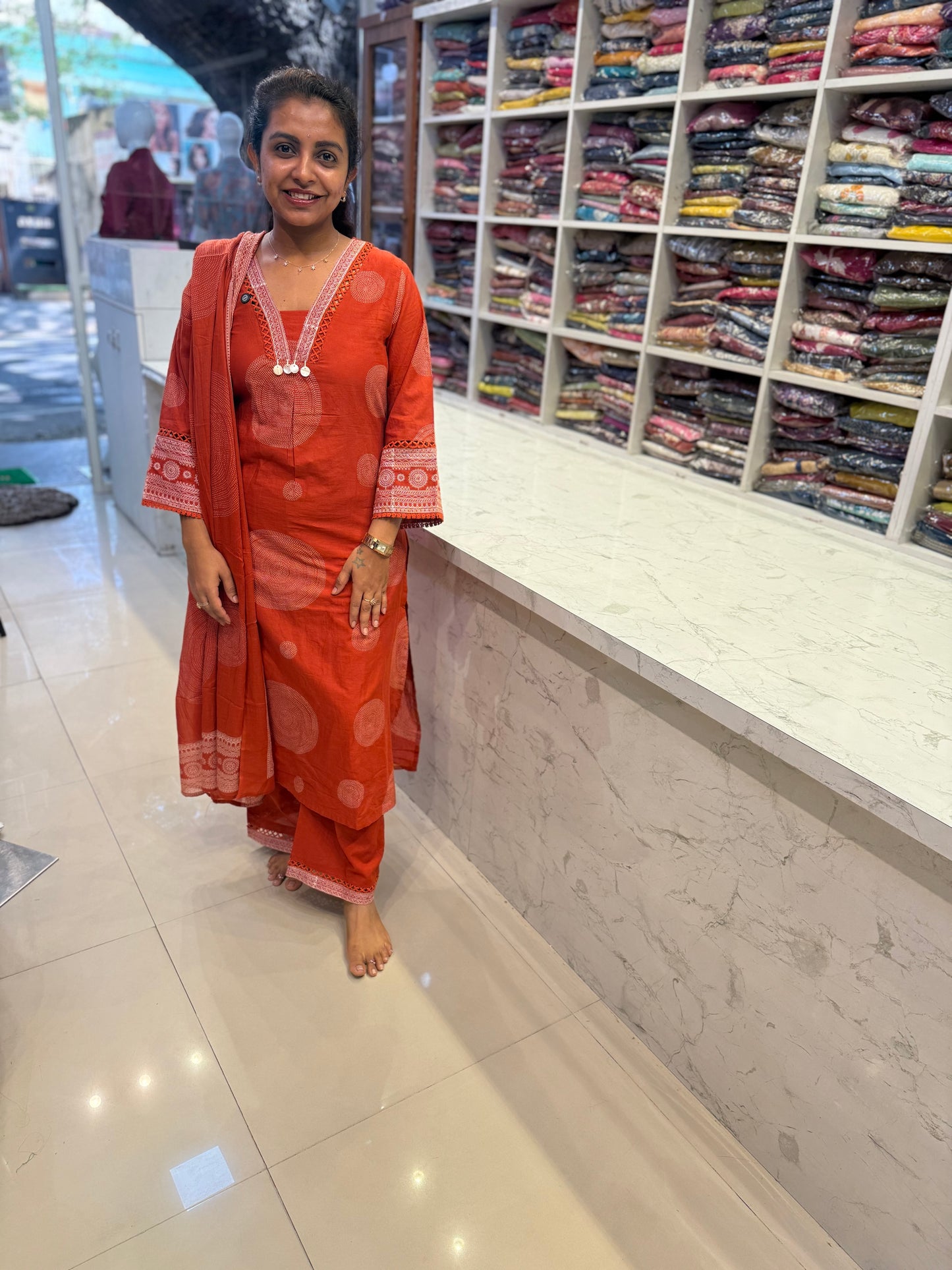 Lace Detail Cotton Kurti With Pant and Dupatta