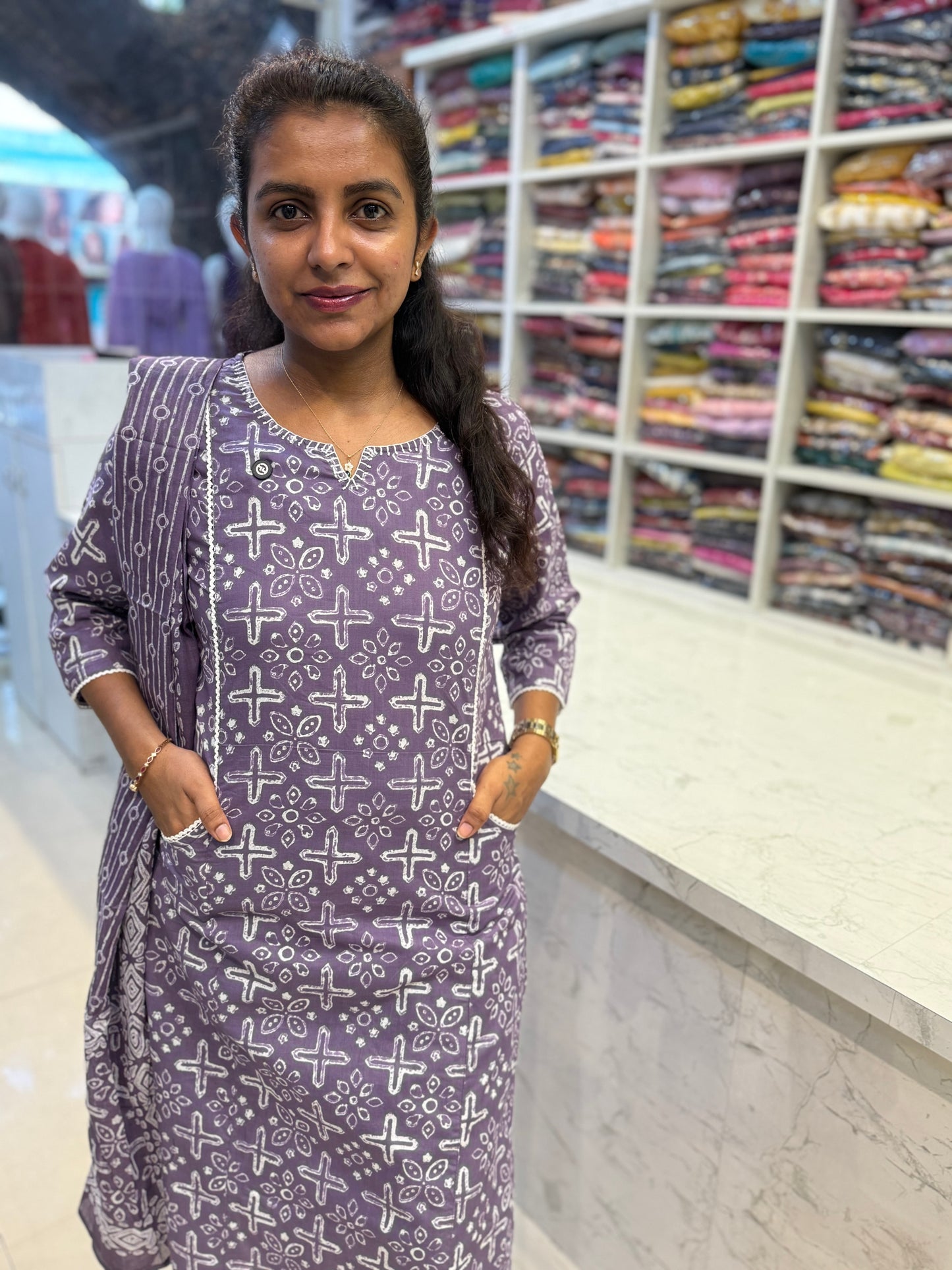 Two sides pocket Batik Printed Pure Cotton Kurti With Pant and Dupatta-HSC105
