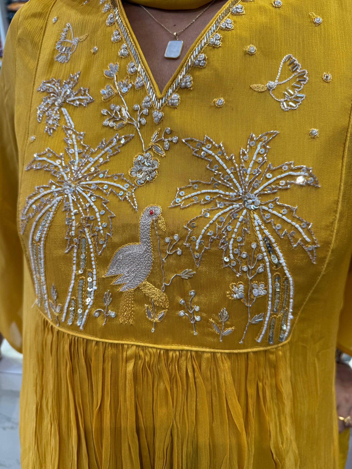 Mustard Yellow Pure Chinnon Kurti With Pant and Dupatta-HSC11