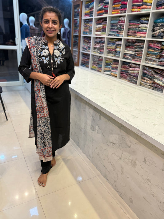 Black Kalamakari Pure Cotton Kurti with Pant and Dupatta