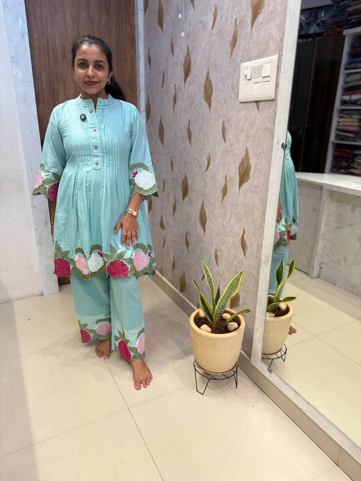 Powder Blue Embroidery Cutwork Cotton Co-ords Set- HSC1168