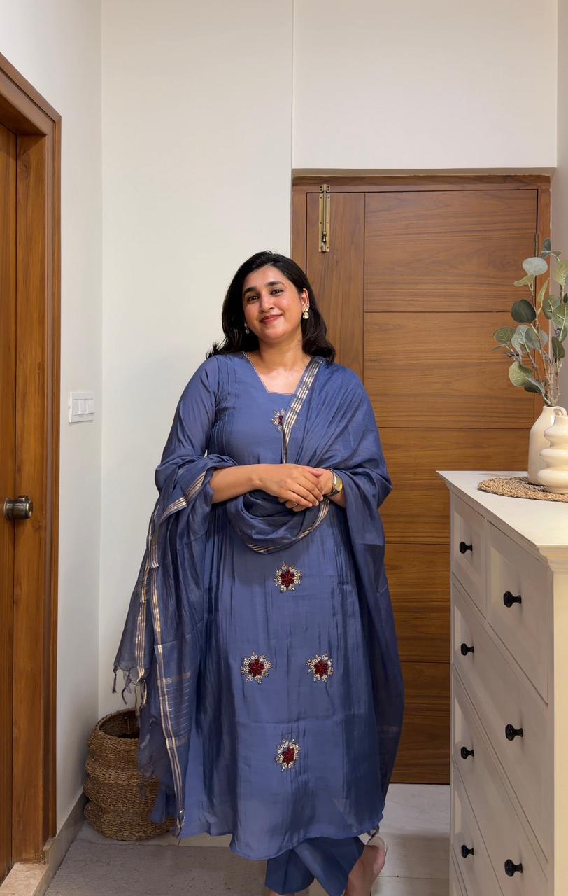 Blue Pure Mul Chanderi Hand Embroidery A-line Kurti With Pant and Dupatta -HSC1214