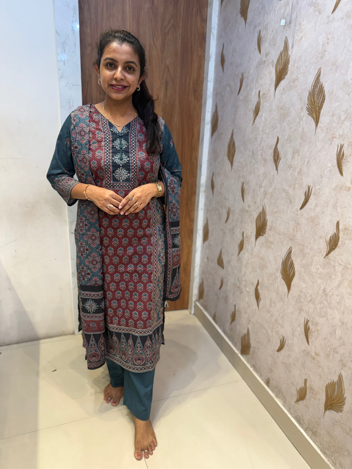 Printed Pure Cotton Kurti With Pant and Dupatta - HSC1169