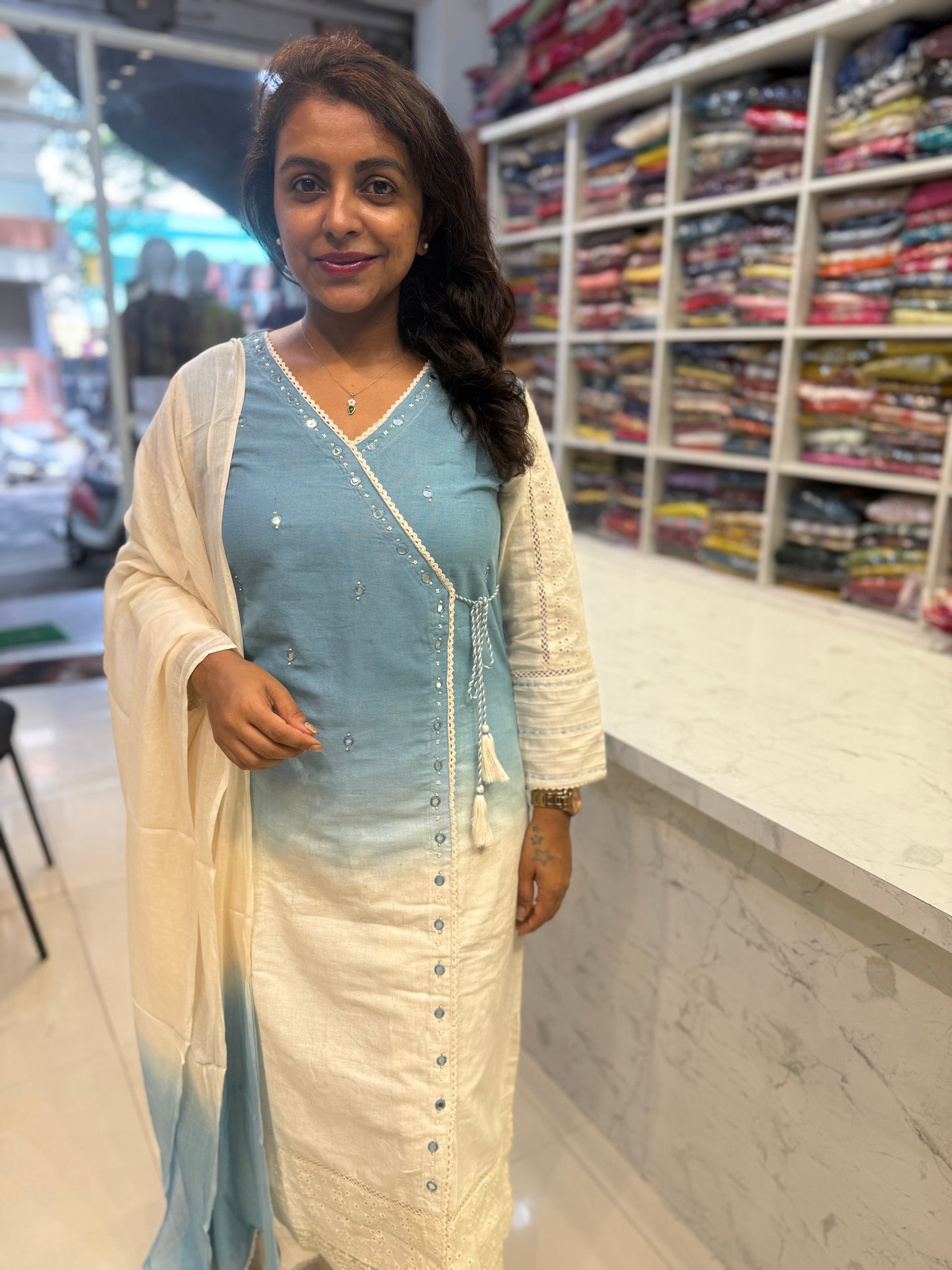 Ombre Pure Cotton Flex Lace Kurti With Pant and Dupatta