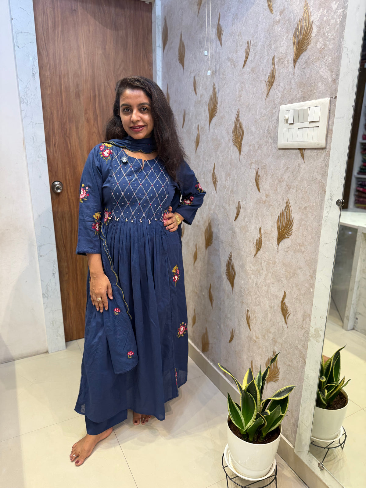 Navy Blue Embroidery Pure Cotton Kurti With Pant and Scallop Dupatta -HSC1285