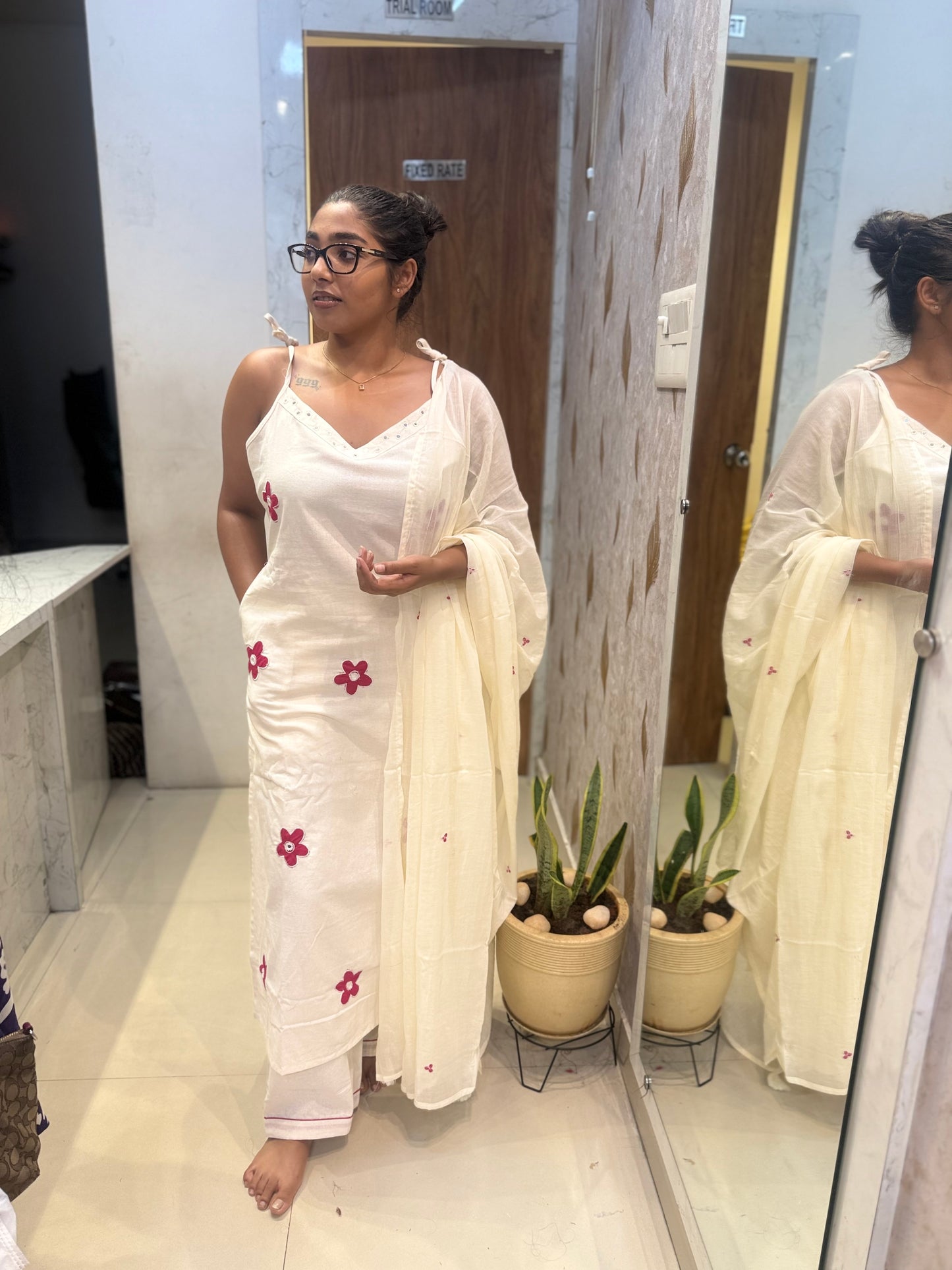Half white Cotton Flex Applique Kurti With Pant and Dupatta-HSC170