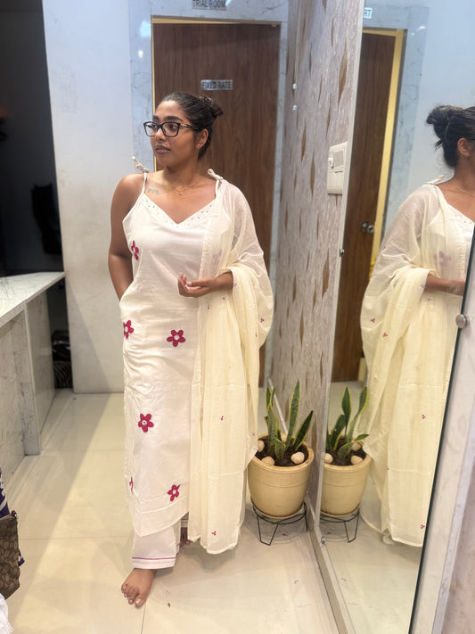 Half white Cotton Flex Applique Kurti With Pant and Dupatta-HSC170