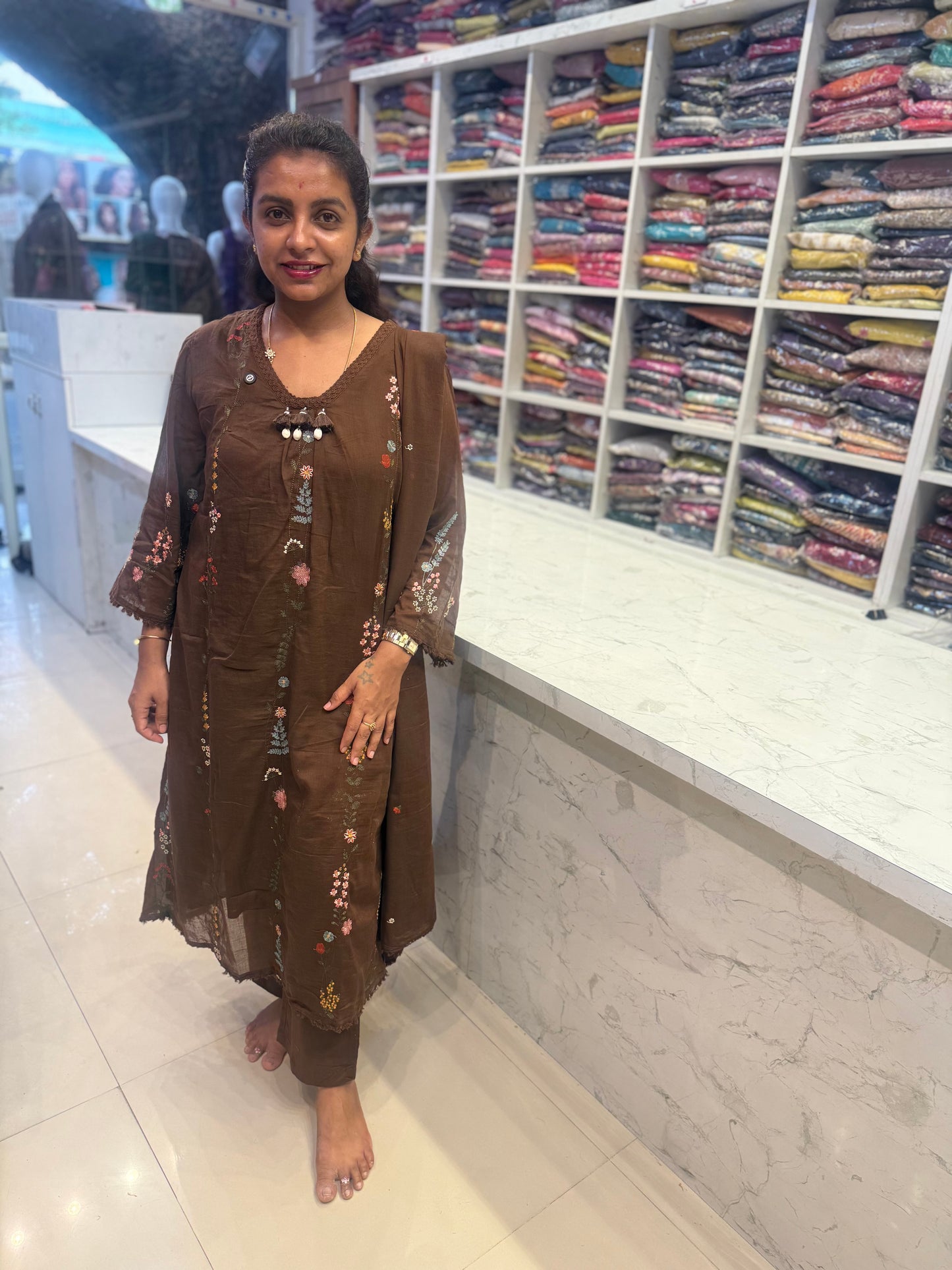 Brown Pure Mul Cotton Embroidered Kurti With Pant and Dupatta-HSC87