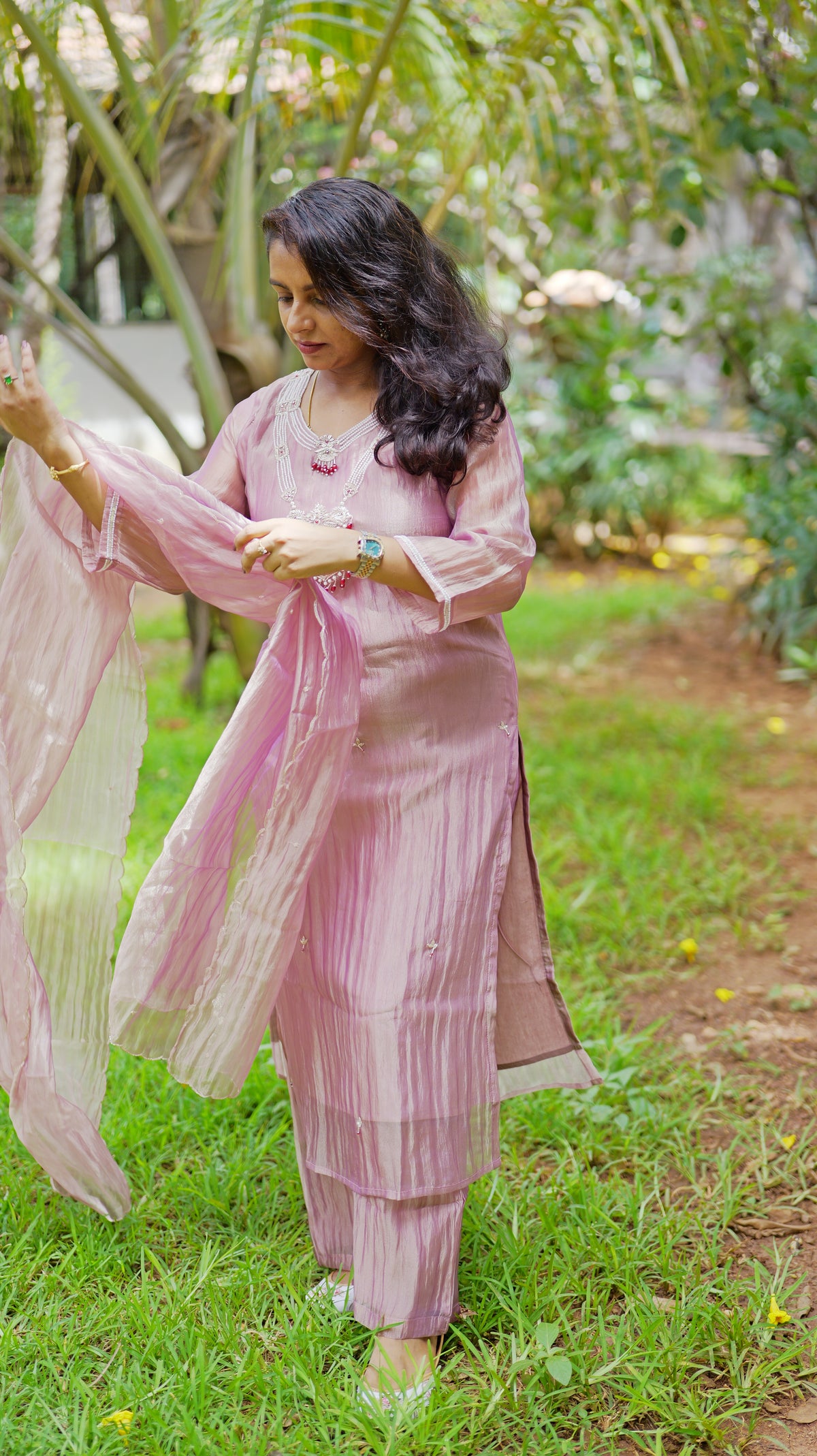 Jewel Pure Crush Tissue (Salsa Fabric) Kurti With Pant and Scallop Cutwork Dupatta -HSC1211