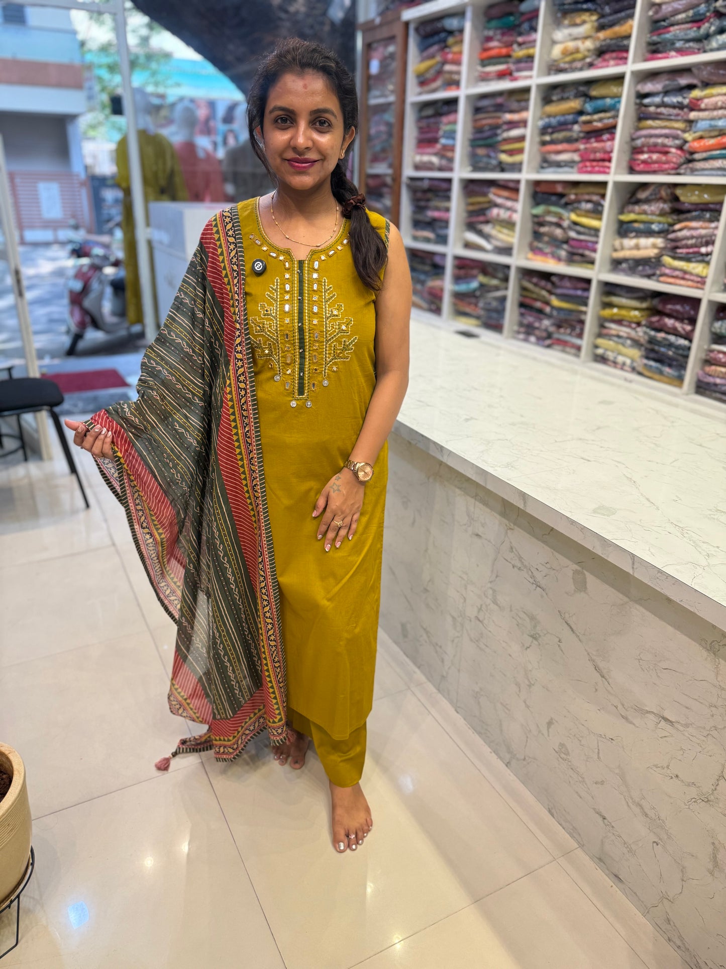 Green Pure Cotton Flex Kurti With Pant and Printed Dupatta-HSC110