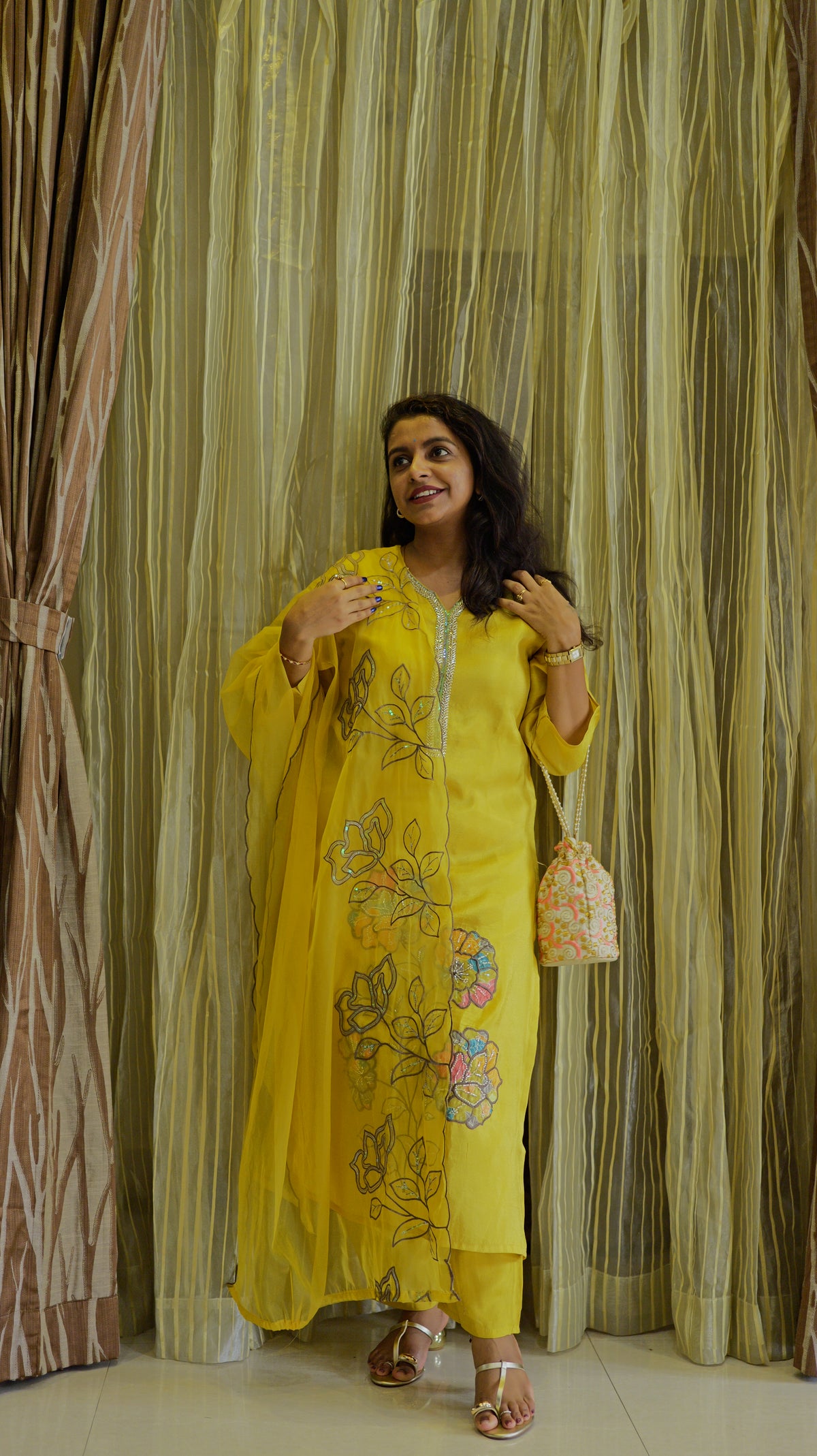 Yellow Pure Tissue Silk Kurti With Pant and Dupatta -HSC1238