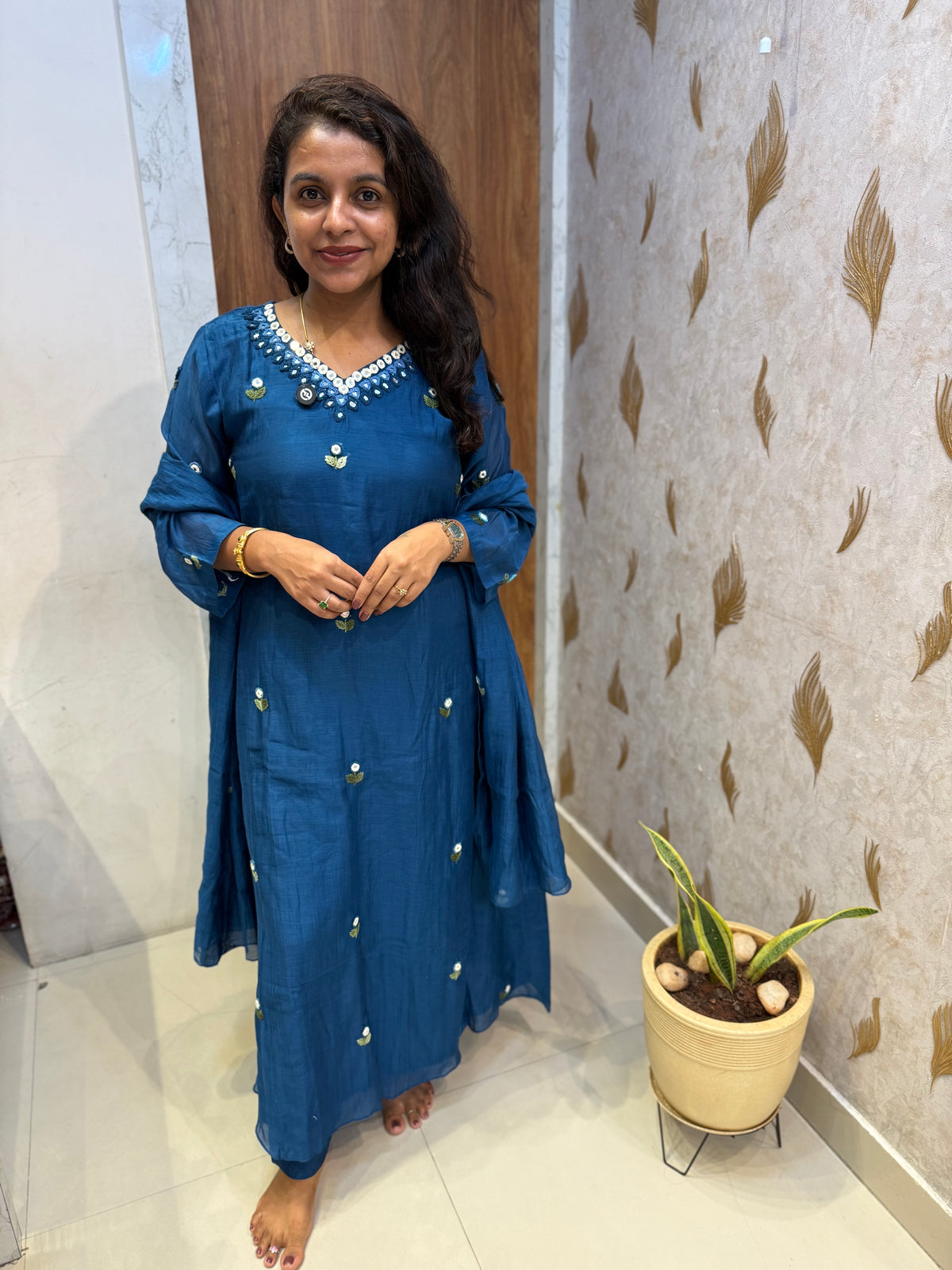 Ink Blue Pure Mul Chanderi Knotwork Embroidery Kurti With Pant and Dupatta -HSC1213