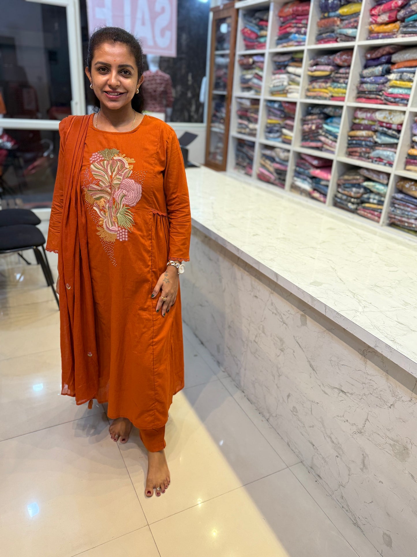 Rust Mul Cotton A- line Dress With Lace Detail