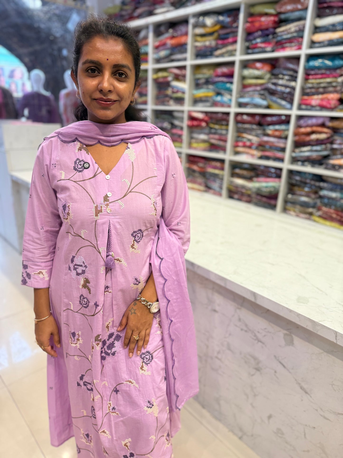 Lavender Crossstich Work Pure Mul Cotton A-line Kurti With Pant and cut work Dupatta
