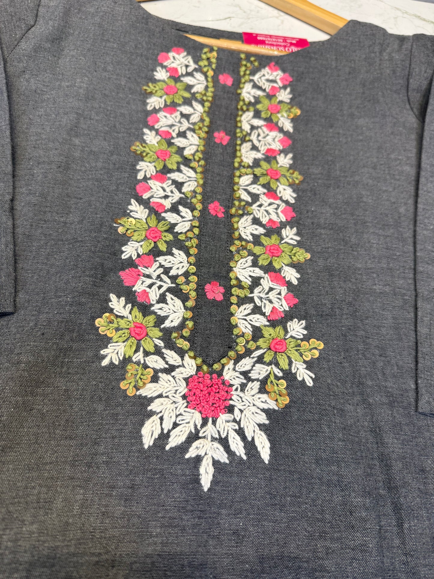 Grey Embroidery Cotton Straight Cut Kurti