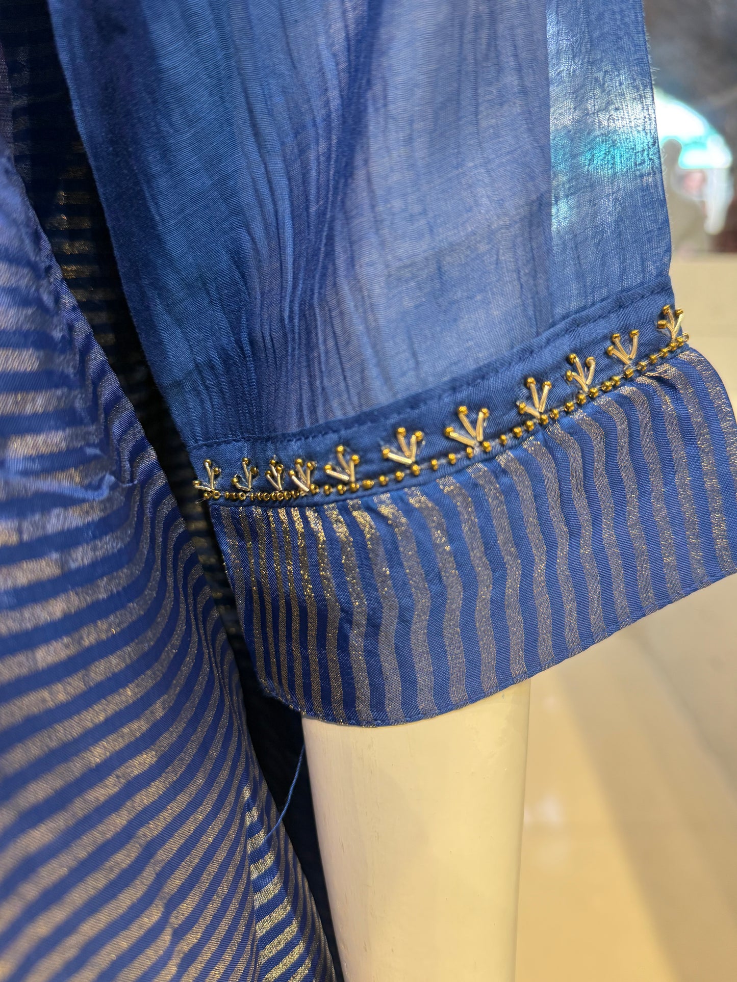 Blue Pure Banarasi Mul Chanderi A-line Kurti With Pant and Dupatta