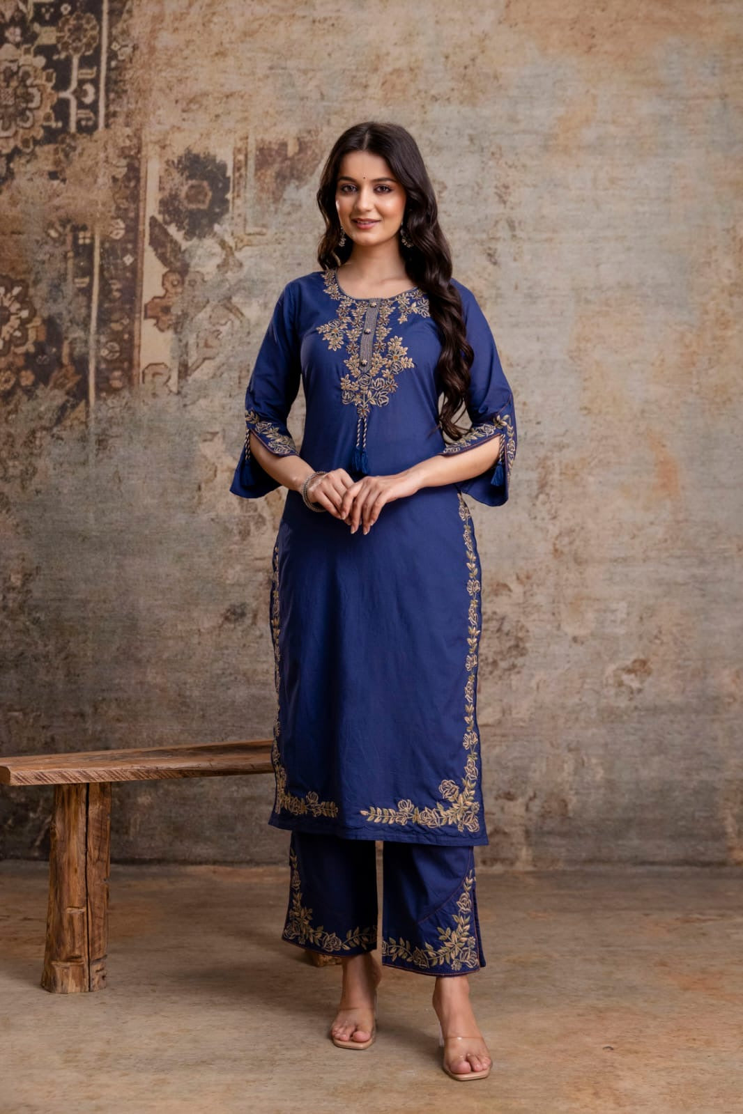 Blue Embroidery Pure Cotton Kurti With Pant and Dupatta - HSC1145
