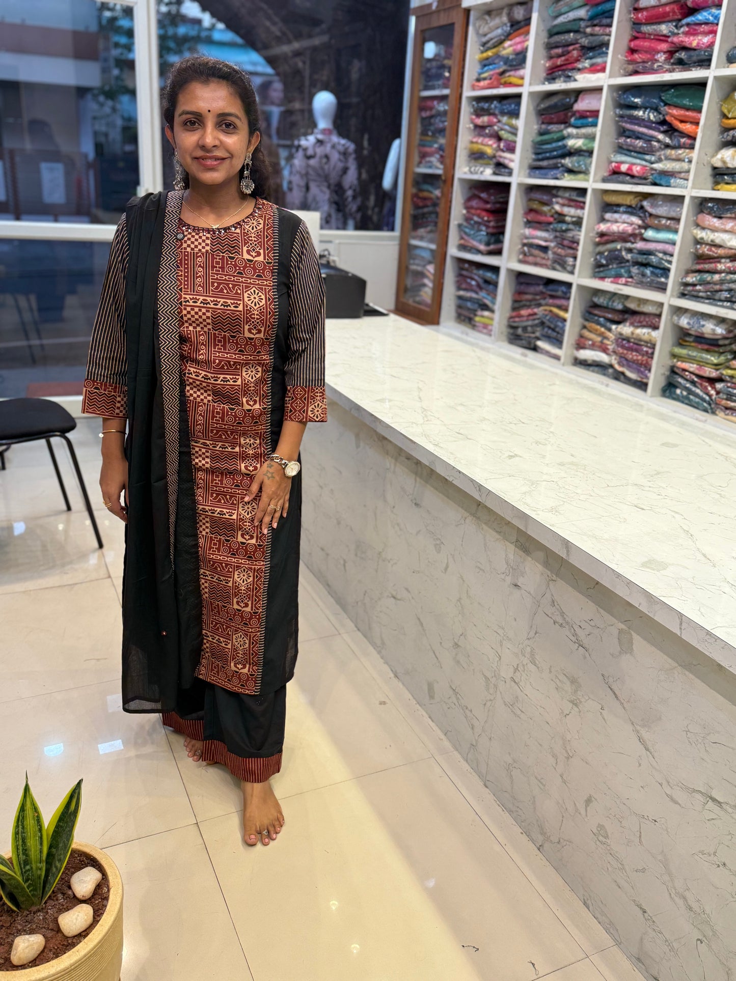 Pure Cotton Black Printed Kurti With Pant and Dupatta