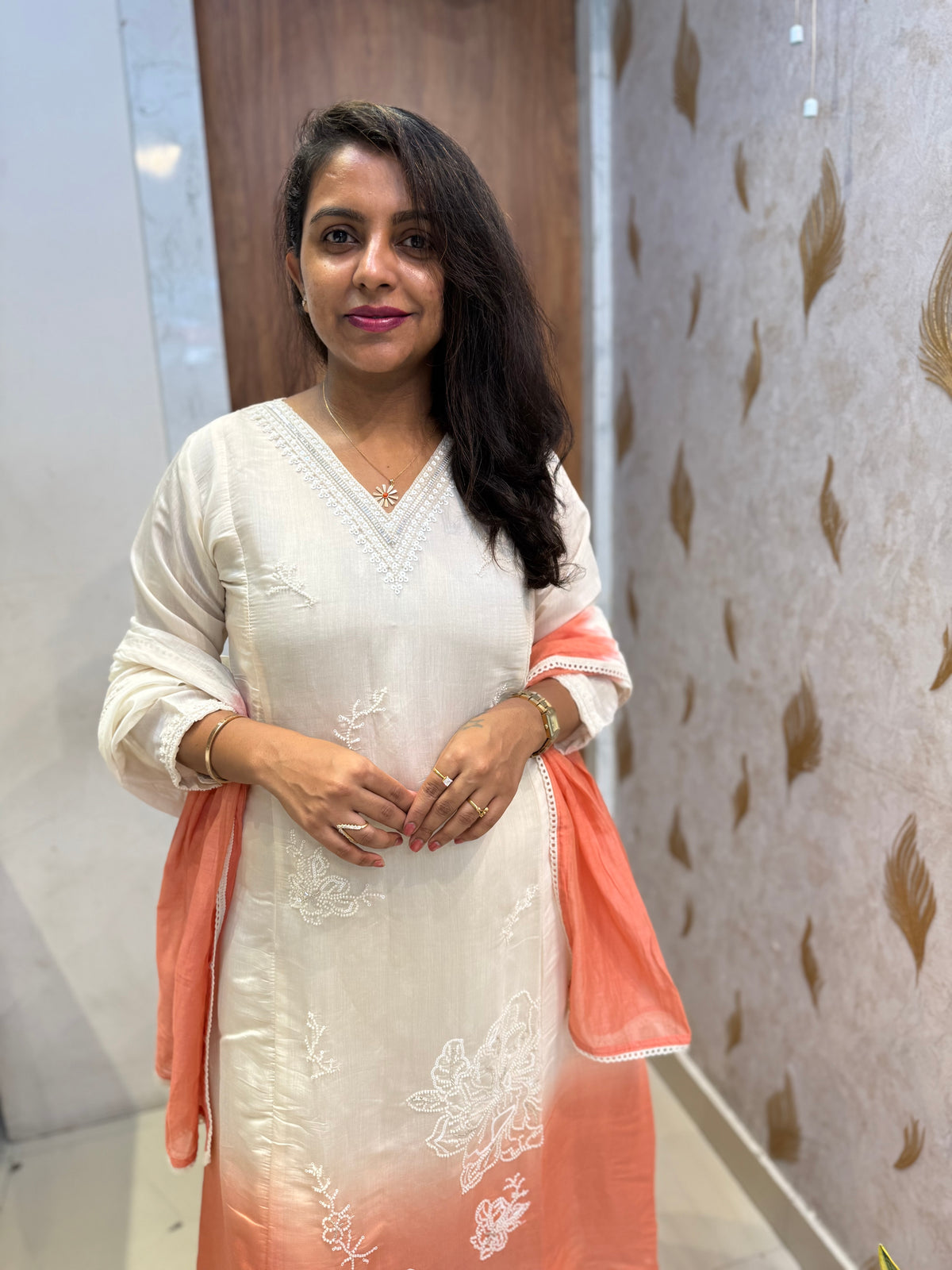 Ombre Half White Hand Embroidery Kurti With Pant and Dupatta - HSC1182