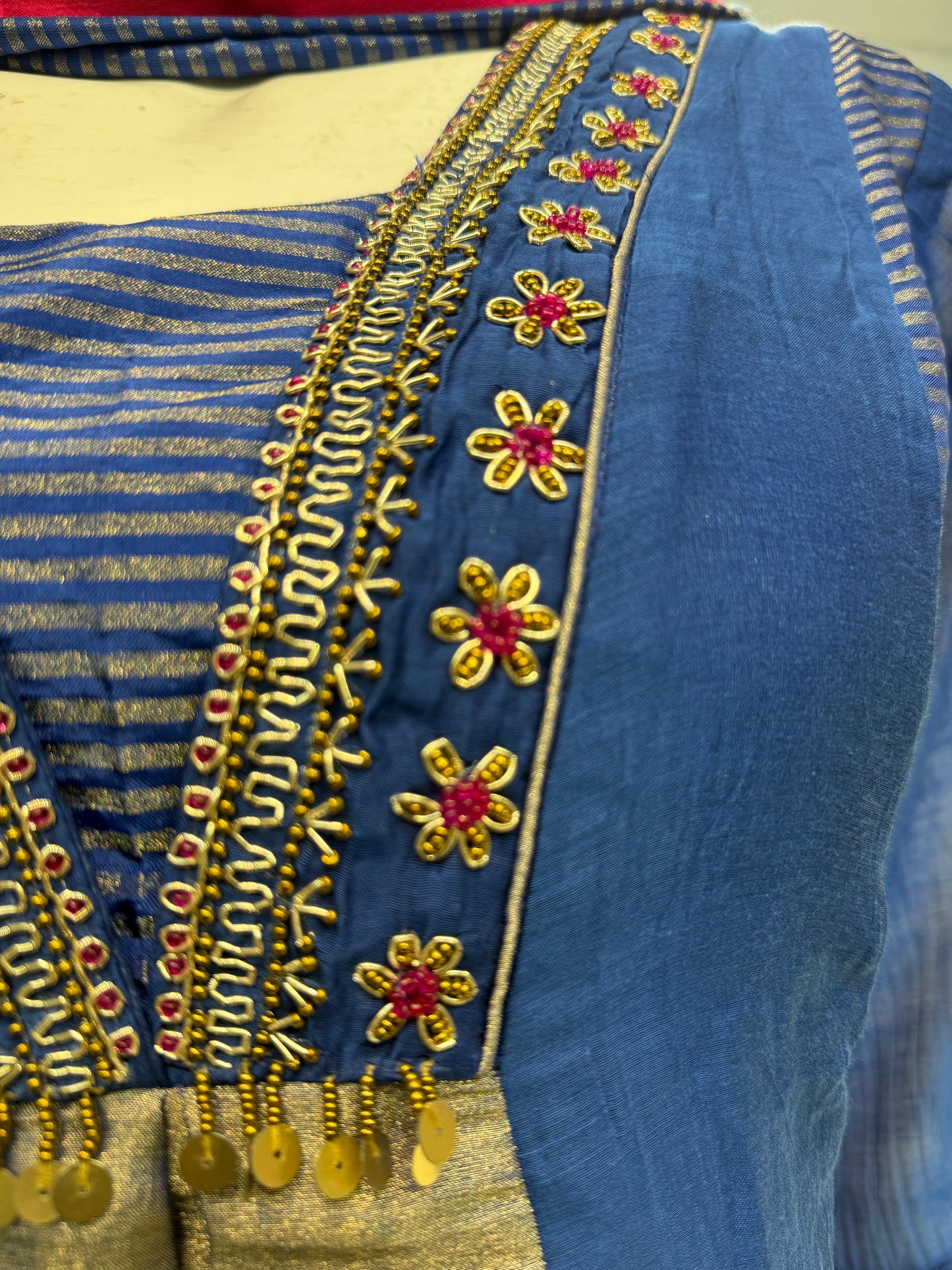 Blue Pure Banarasi Mul Chanderi A-line Kurti With Pant and Dupatta