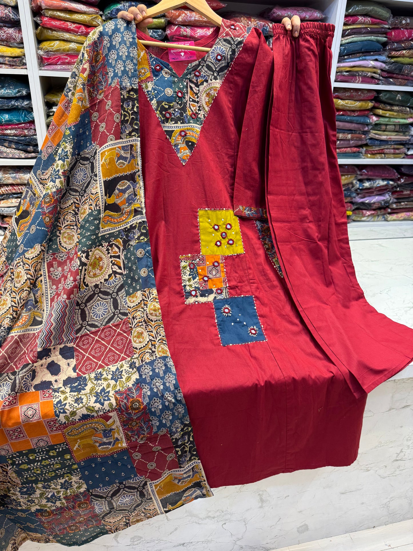 Marron Applique Cotton Kurti With Pant and Dupatta-HSC126