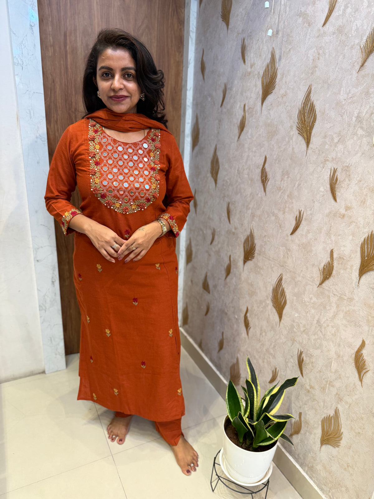 Rust Pure Cotton Embroidered Kurti with Pant and Dupatta -HSC1310