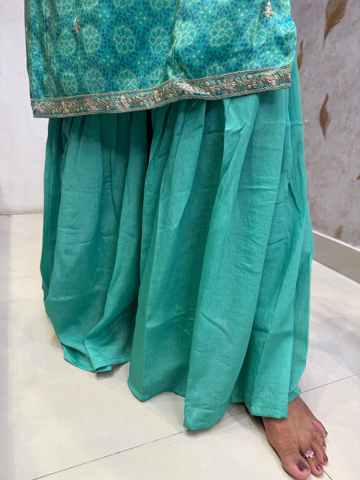 Green Pure Chiffon Embroidery Kurti With sharara Pant and Dupatta -HSC1238