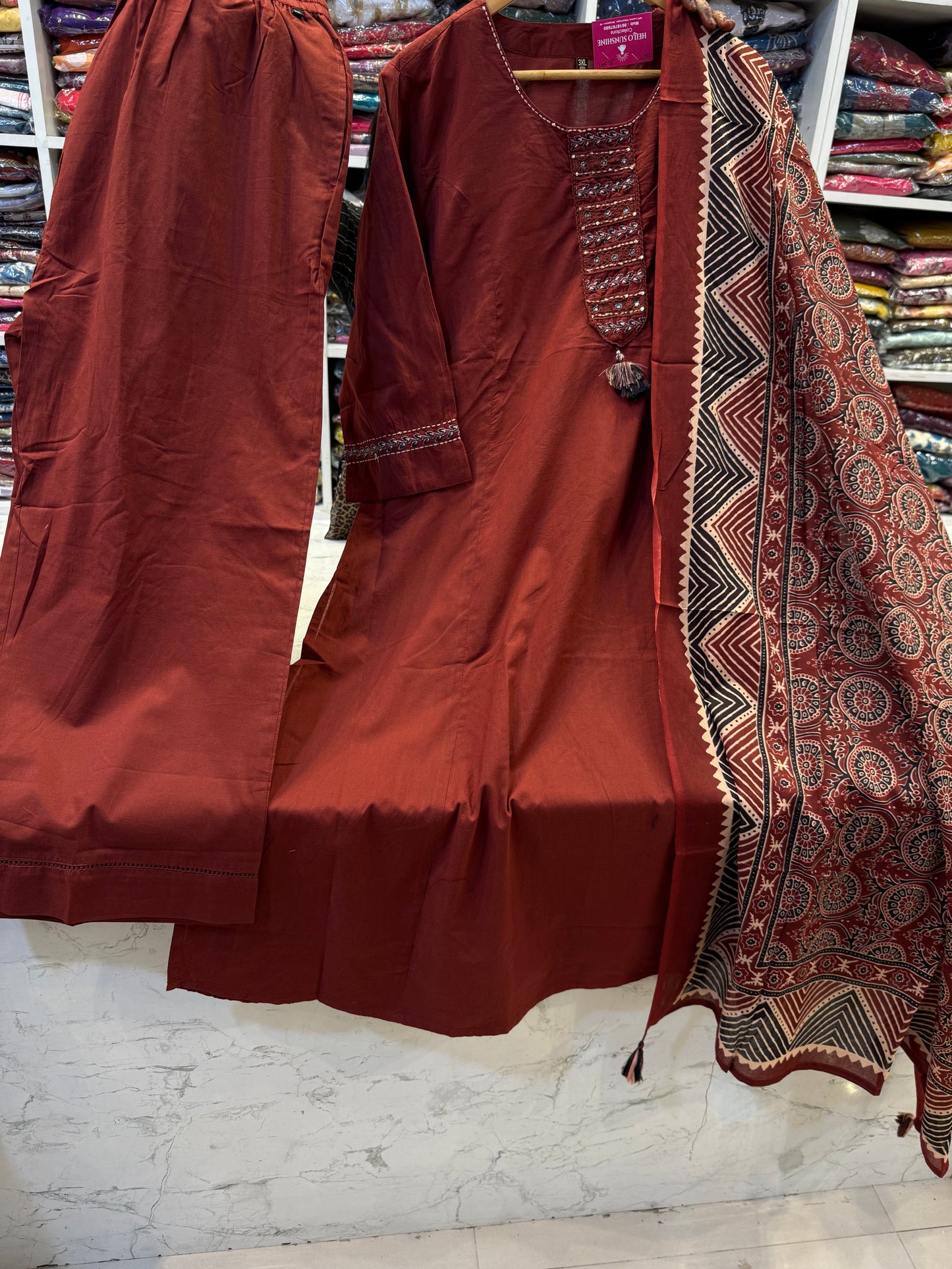 Brown Pure Cotton Kurti With pant and dupatta -  HSC 1153