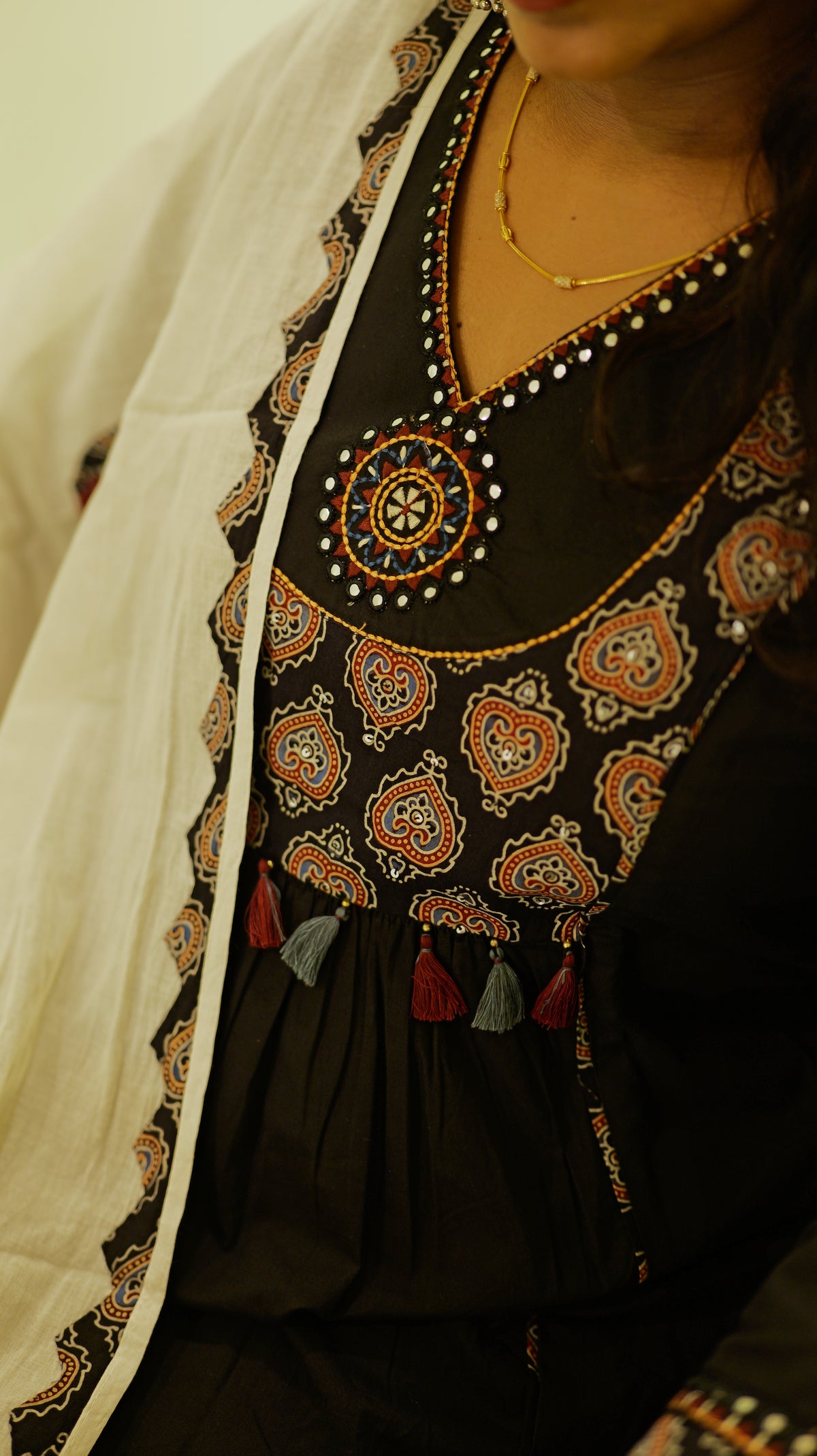 Elephant Black Applique Pure Cotton Kurti With Pant and Dupatta -HSC1262