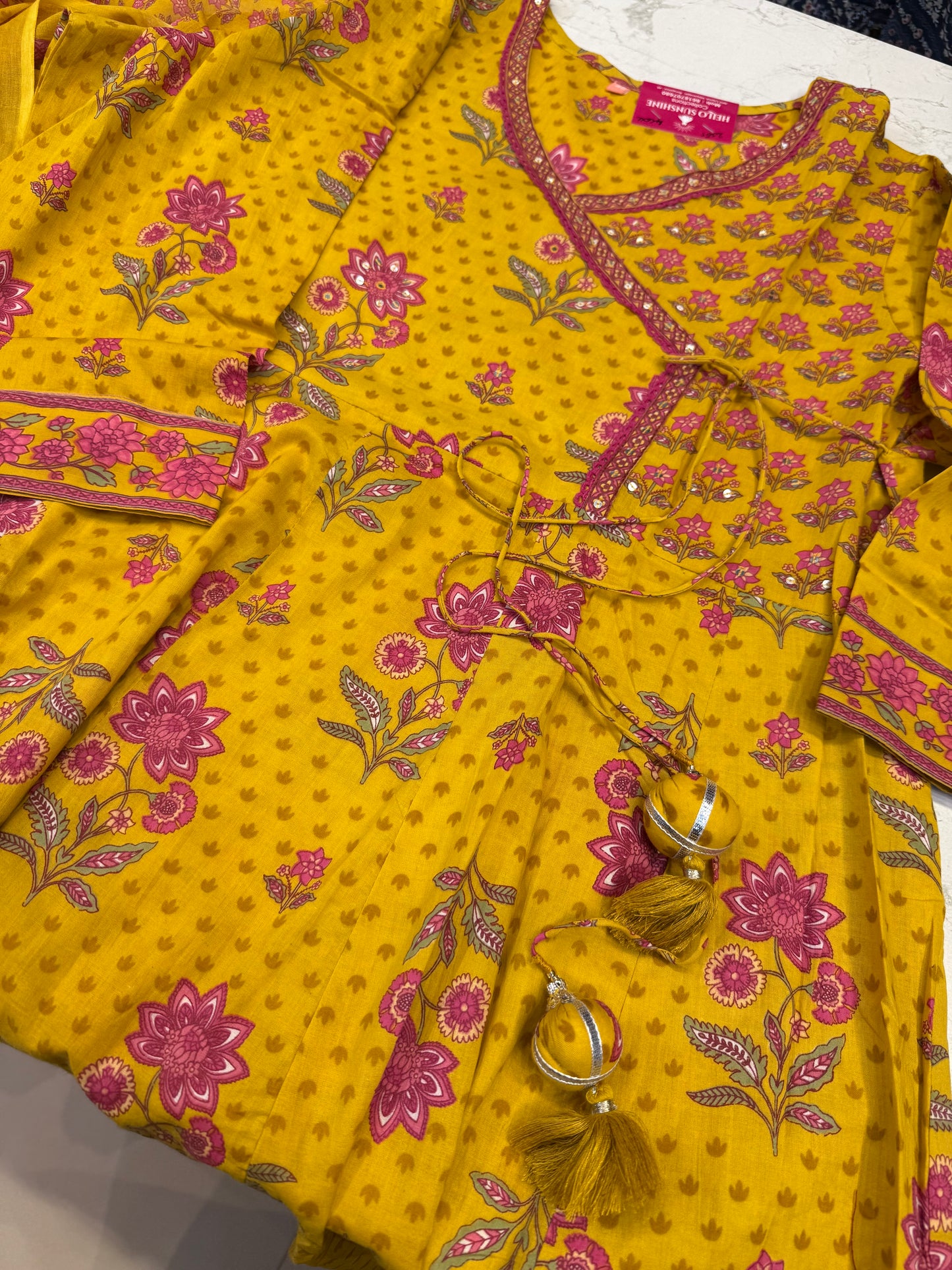 Anarkali Yellow with Pink Pure Cotton Kurti With Pant and Dupatta