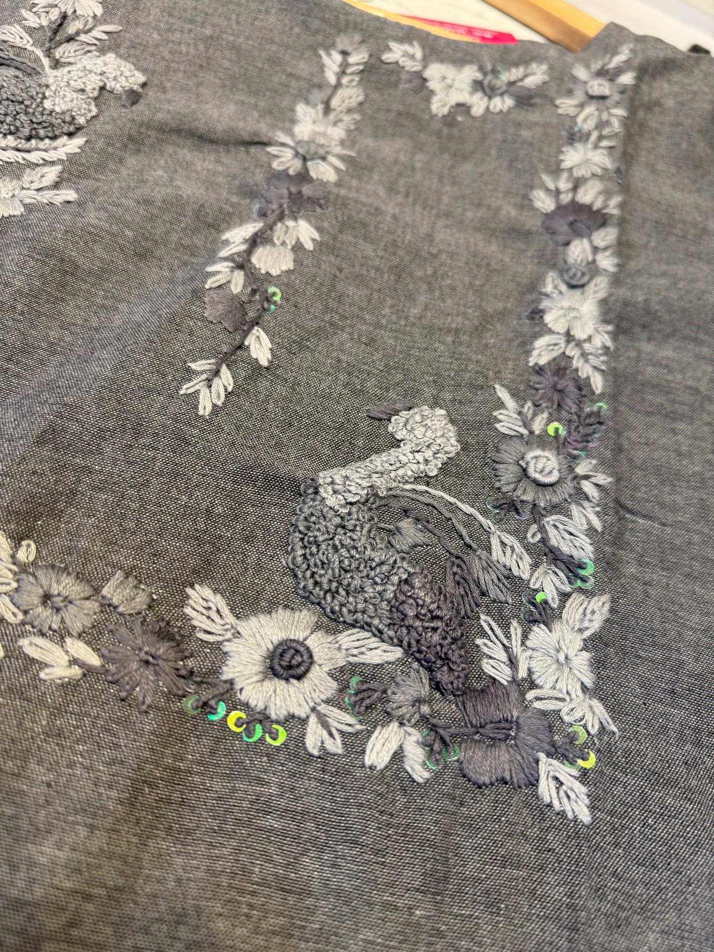 Grey Bird Embroidery Cotton Straight Cut Kurti