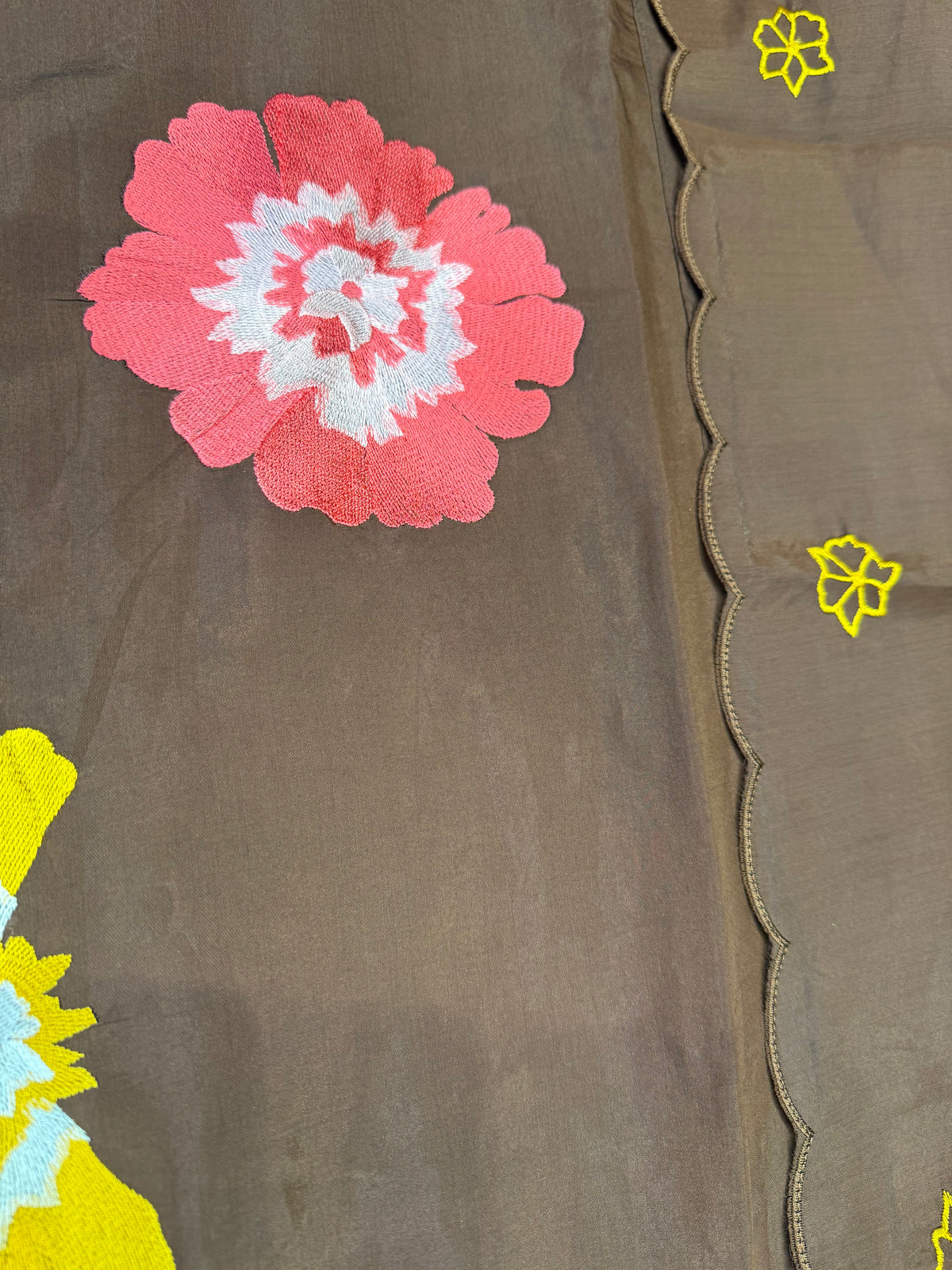 Brown Embroidery Kurti With Pant and Scallop Dupatta -HSC1271