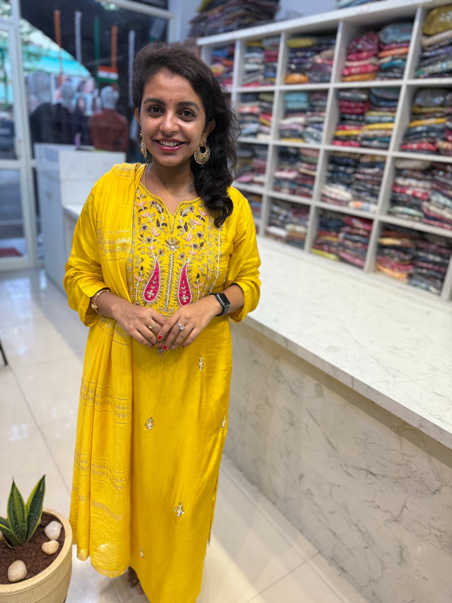 Yellow Straight Cut Pure Dola Silk Kurti with Pant and Dupatta