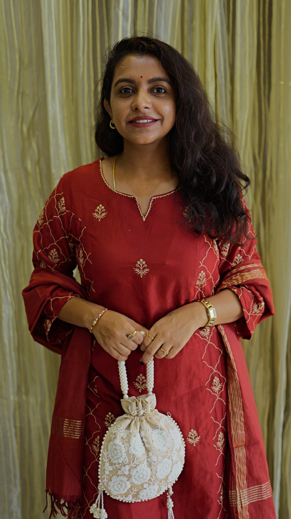 Red Pure Silk Kurti With Pant and Dupatta -HSC1255