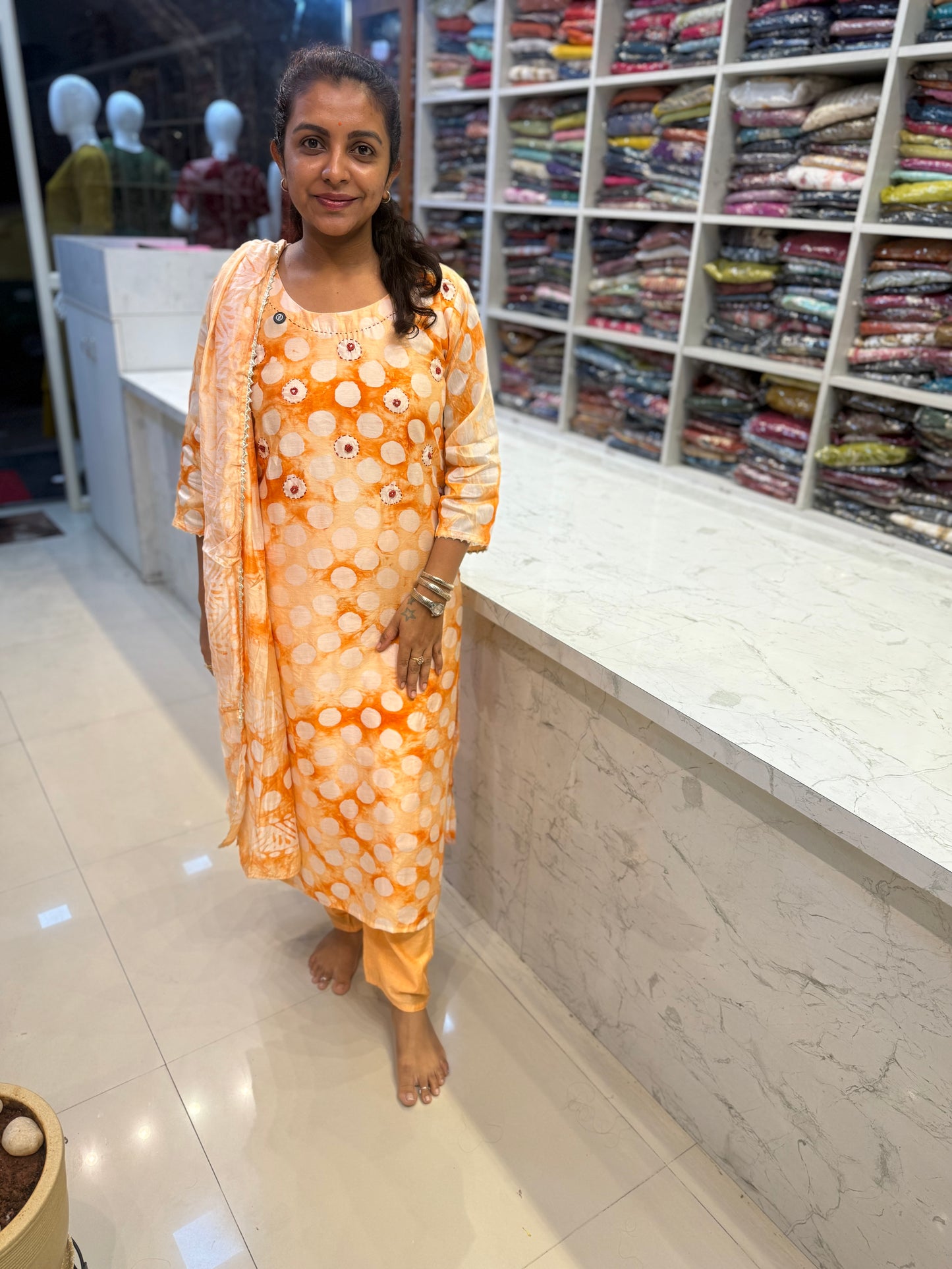 Chanderi Silk with Batik Print with Katha Work Kurti and Pant and Dupatta