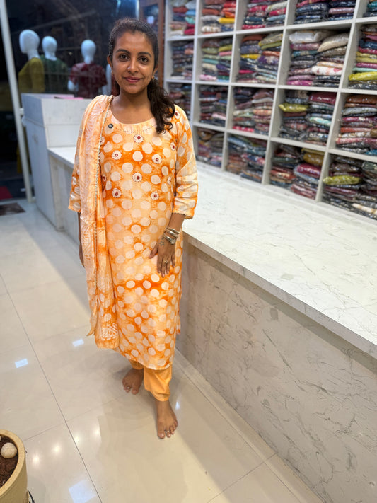Chanderi Silk with Batik Print with Katha Work Kurti and Pant and Dupatta