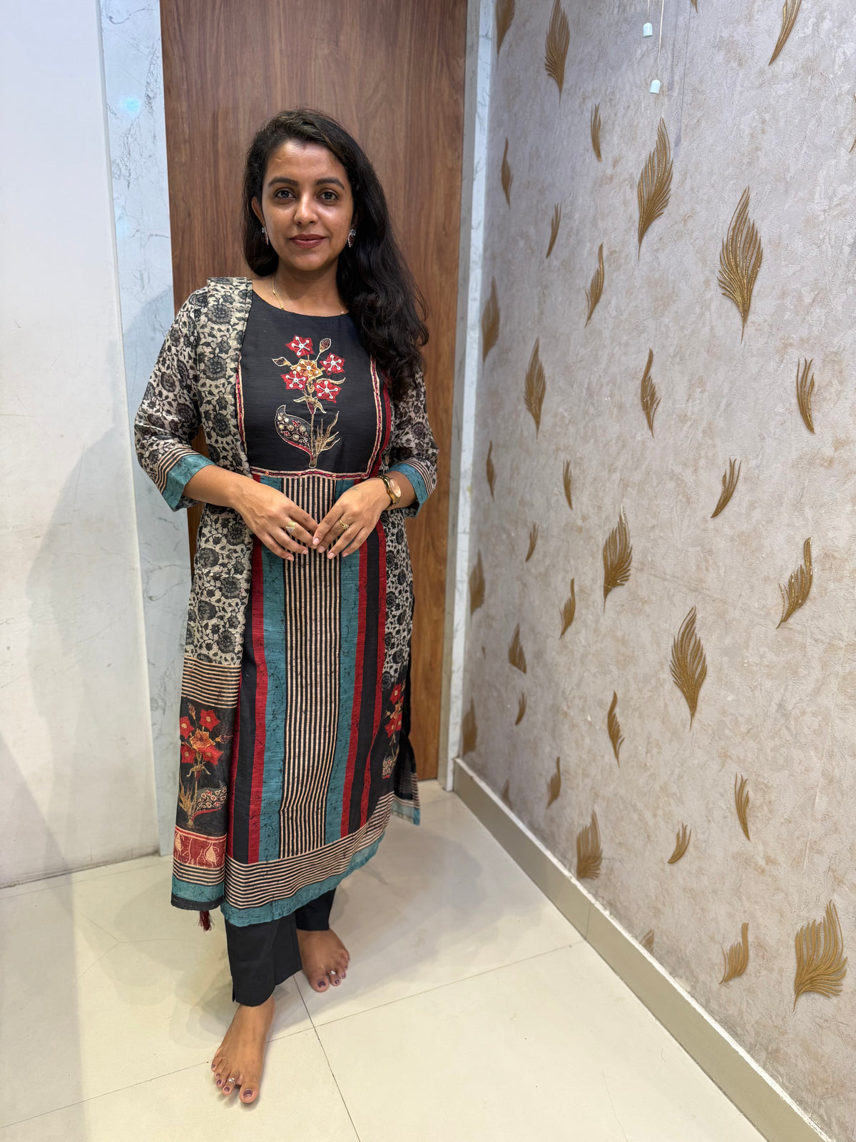 Pure Linen Black Thread Embroidery Kurti With Pant and Dupatta -HSC1290