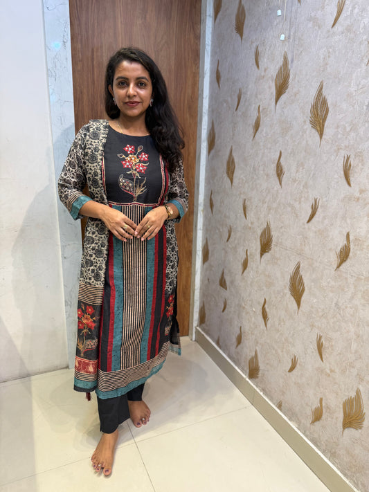 Pure Linen Black Thread Embroidery Kurti With Pant and Dupatta -HSC1290