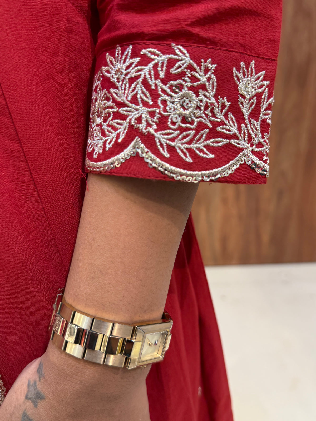 Red Pure Cotton Embroidered Angarkha Kurti With Pant and Dupatta - HSC1200