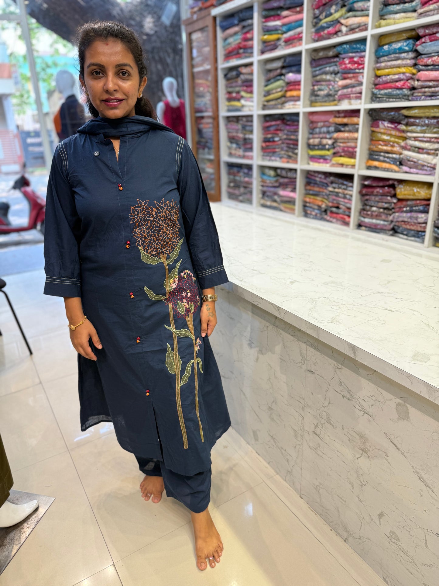 Navy Blue Embroidery Cotton Kurti With Pant and Dupatta-HSC30