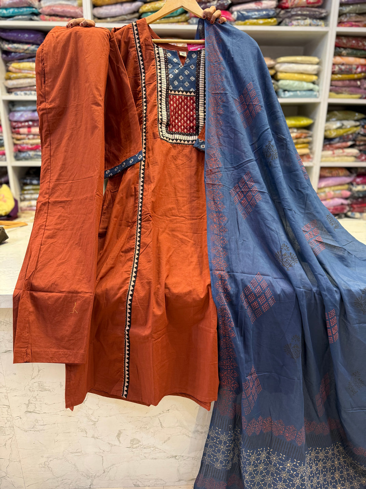 Rust With Blue  Pure Cotton Kurti With Pant and Block Printed Dupatta - HSC1178