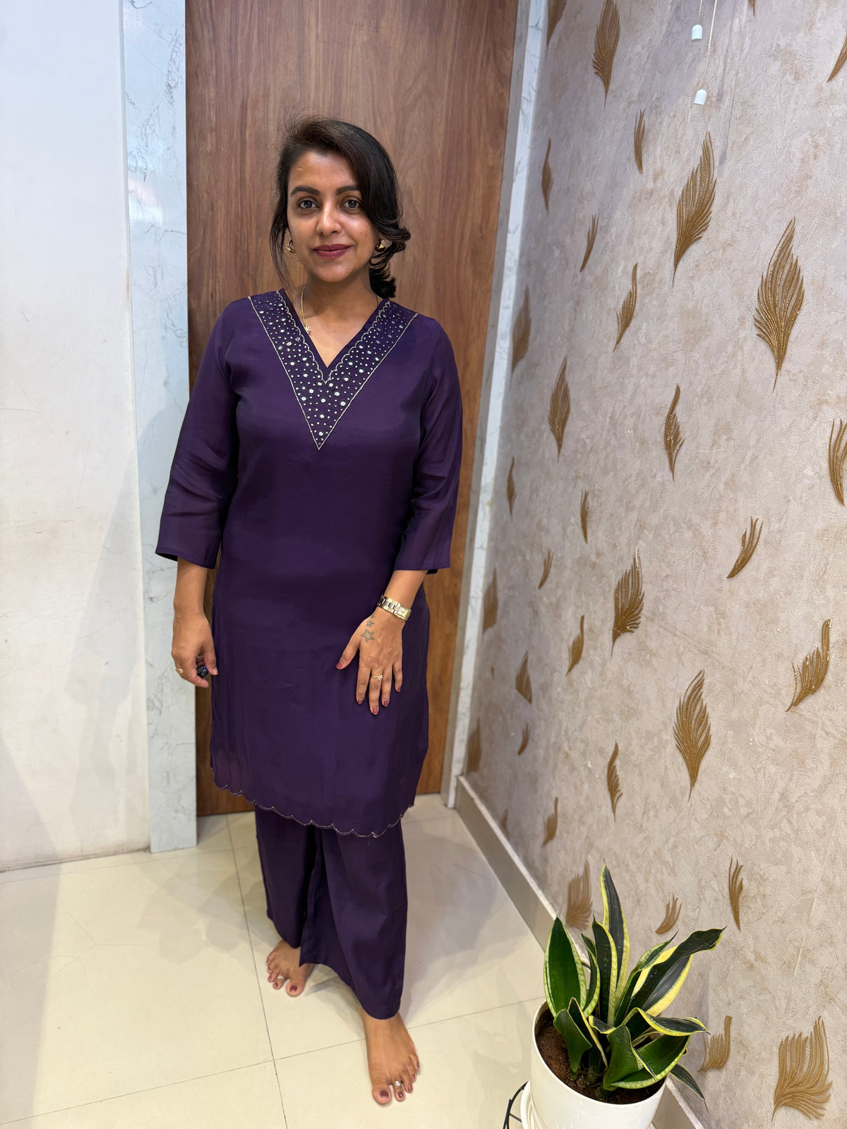 Purple Pure Silk Embroidery Kurti With Pant -HSC1232