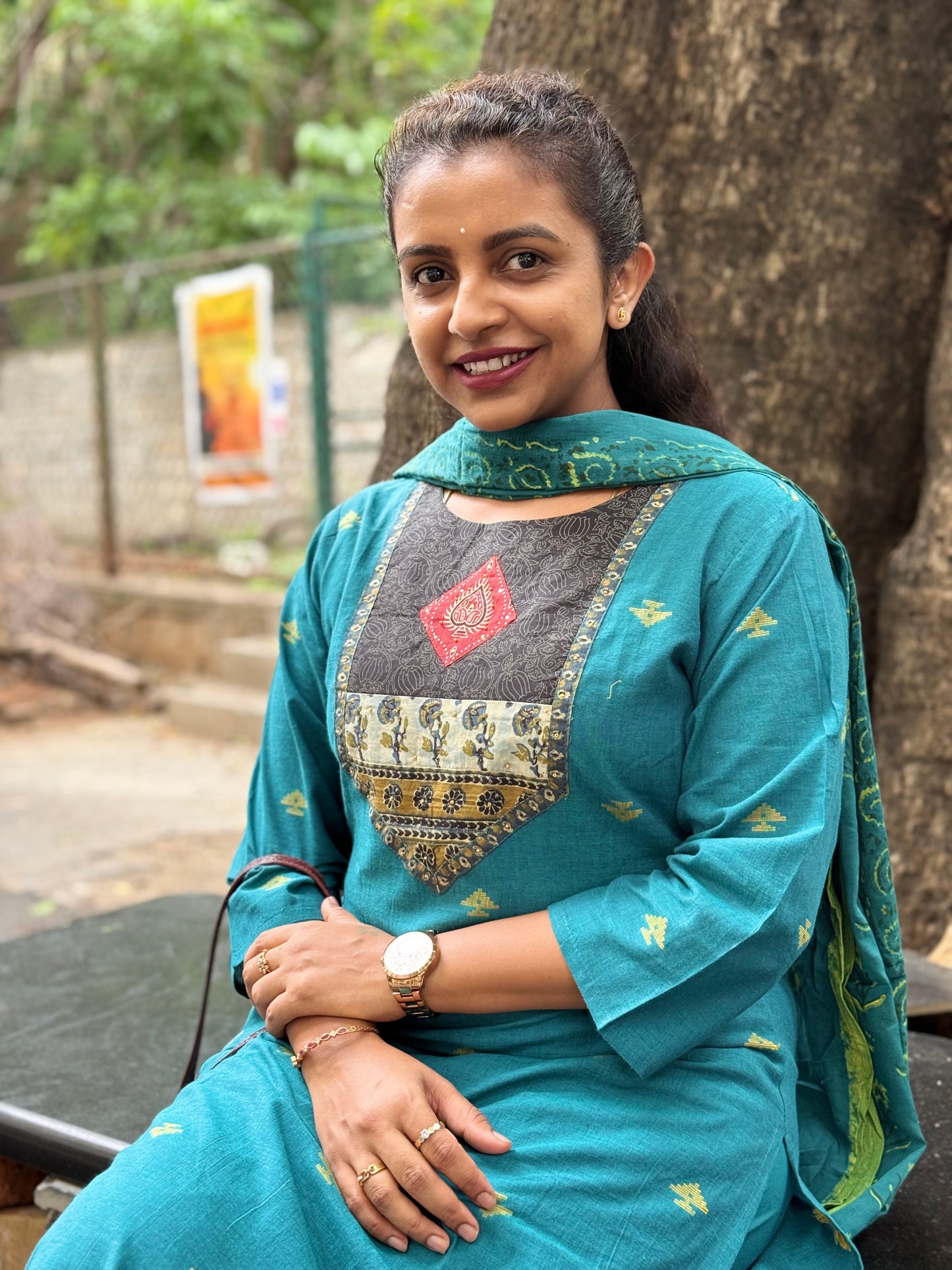 Teal Blue Handloom Pure Cotton Kurti With Pant and Dupatta - HSC1159