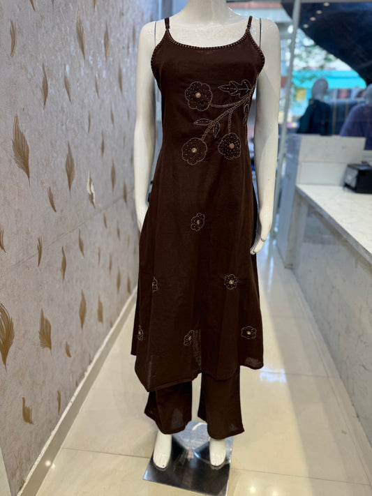 Brown Hand Embroidery Kurti With Pant